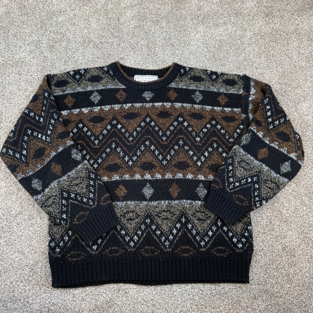 Michael Gerald Vintage Mens Geometric Fair Isle Crewneck Sweater Black Brown M